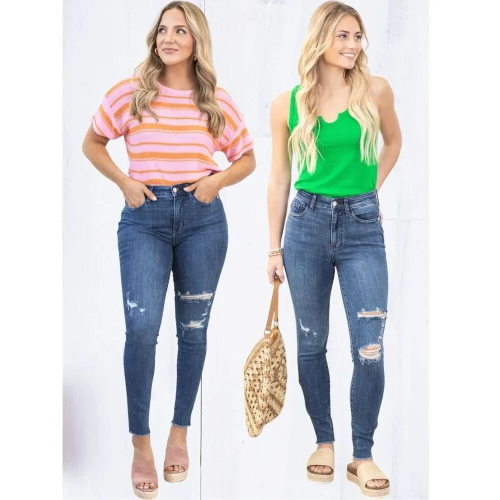Judy Blue High Rise Skinny Jeans Dark Wash Distressed Stretch Denim Raw Hem NEW